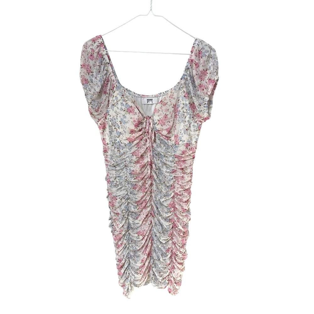 Madden NYC Coquette‎ Girl Feminine Mesh Ruched Dress White Floral Women's Large